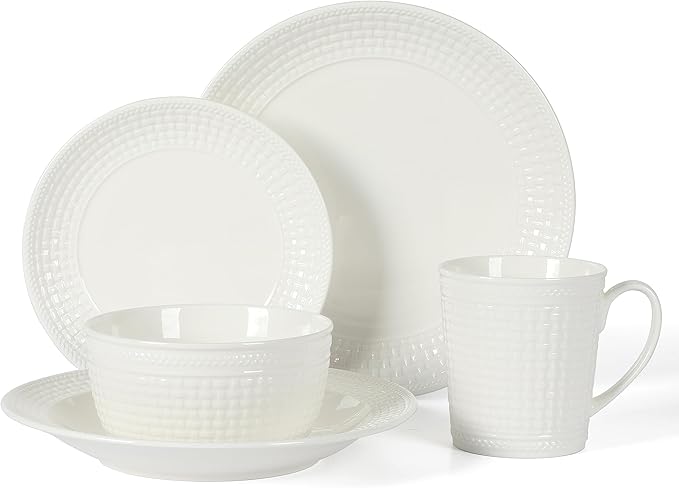 Martha Stewart 30-Piece Basket Weave New Bone China Embossed Chip and Scratch Resistant Porcelain Dinnerware Set