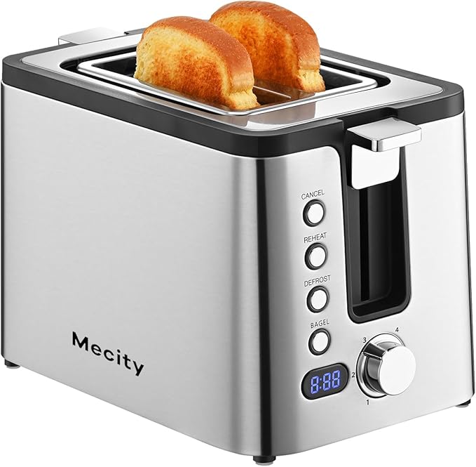 Mecity Toaster 2 Slice Stainless Steel Body Timer Bagel Defrost Reheat Cancel Functions Warming Rack Removable Tray 6 Browning Settings Extra Wide Slots Bread Toaster 800W
