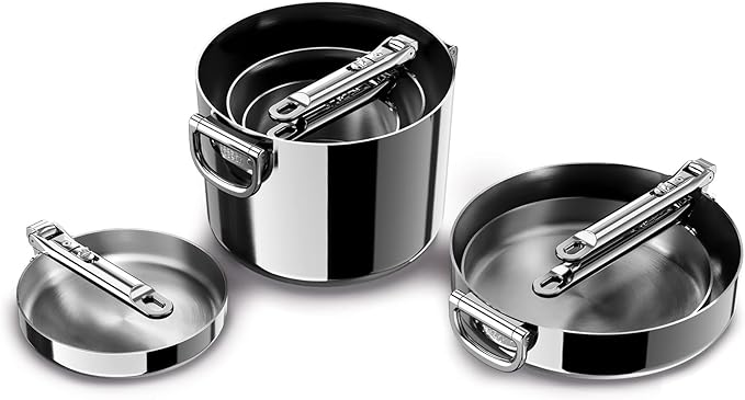 Joseph Joseph Space Steel 10-Piece Stainless Steel Sauce Pan Set with Lids Nesting with Folding Handles Induction &amp Oven Safe