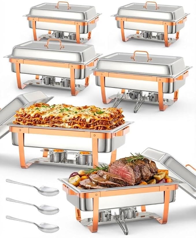 Commercial 8QT Chafing Dish Buffet Set - 6 Pack Rectangular Stainless Steel Food Warmers with Lids Rose Gold Folding Frame for Catering Party Banquet Commercial Use 6-Piece Set