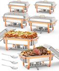 Commercial 8QT Chafing Dish Buffet Set - 6 Pack Rectangular Stainless Steel Food Warmers with Lids Rose Gold Folding Frame for Catering Party Banquet Commercial Use 6-Piece Set