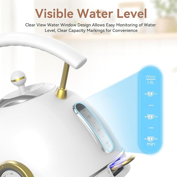 Rasonic Retro Electric Kettle Stainless Steel 1.8L Tea Water Boiler 1500W Fast Quiet Boil Temperature Gauge Auto Shut-Off Boil-Dry Protection White Champagne Gold