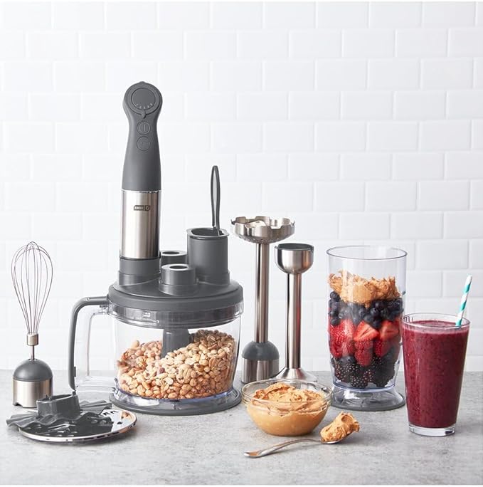 Dash Chef Series Deluxe Immersion Hand Blender 5 Speed Stick Blender with Stainless Steel Blades Dough Hooks Food Processor Grate Mash Slice Whisk Attachments and Recipe Guide – Cool Grey