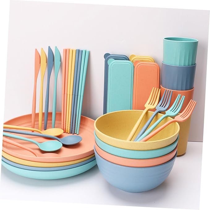 Healifty 4Sets Portable Wheat Straw Cutlery Set Dinnerware for Cereal Soup and Salad Microwavable Kitchen Supplies Creative Tableware for Quick Meals
