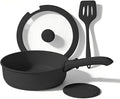 Nonstick Cookware Set with Detachable Handle 3 Pans Glass Lid Spatula Trivet Space-Saving Stackable Design (5pcs Black)