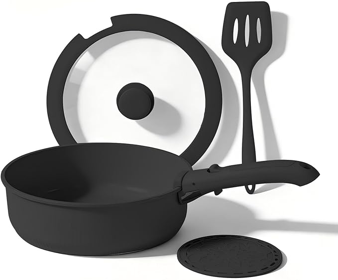 Nonstick Cookware Set with Detachable Handle 3 Pans Glass Lid Spatula Trivet Space-Saving Stackable Design (5pcs Black)