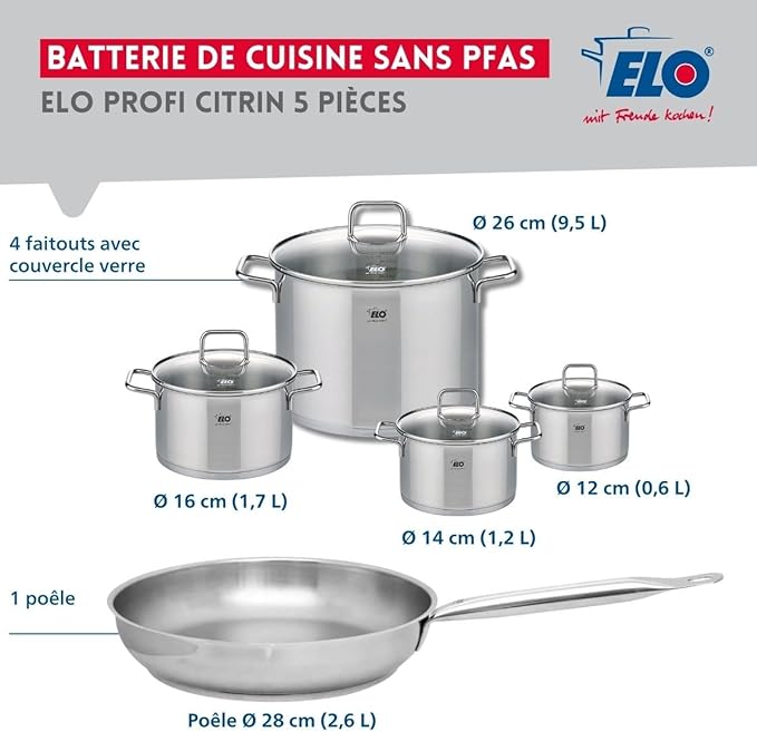 ELO 9697950 Cookware Set 5 Pieces 1 Frying Pan 28 cm and 4 Saucepans 12 14 16 and 26 cm Elo Profi Citrine Stainless Steel Induction