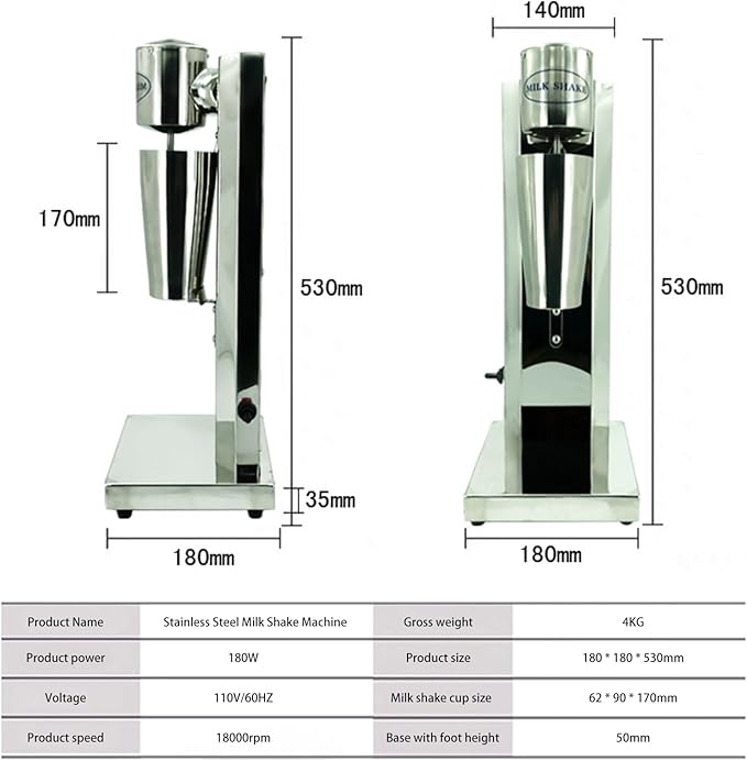 Milkshake MakerElectric Drink Mixer Commercial Milkshake Blender2 SpeedsStainless Steel 180W 18000RMP Speed Adjustable with Mixing Cup
