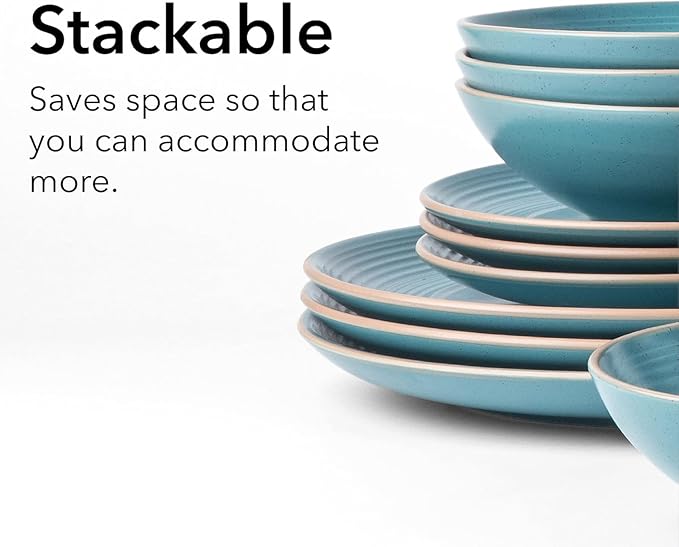 RINGAR Round Stoneware 16pc Double Bowl Dinnerware Set for 4 Dinner Plates Side Plates Cereal Bowls Pasta Bowls - Speckle Matte Turquoise (428525)