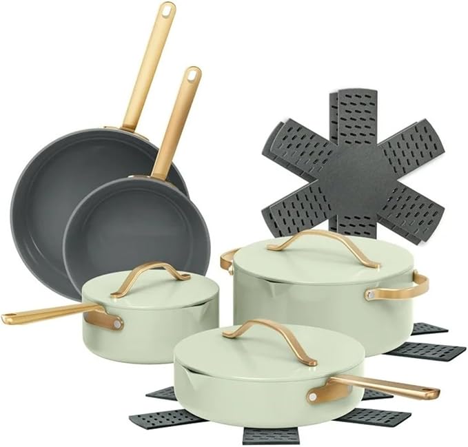 12-Piece Ceramic Nonstick Cookware Set Pots and Pans with Strainer Lids (Sage Green)