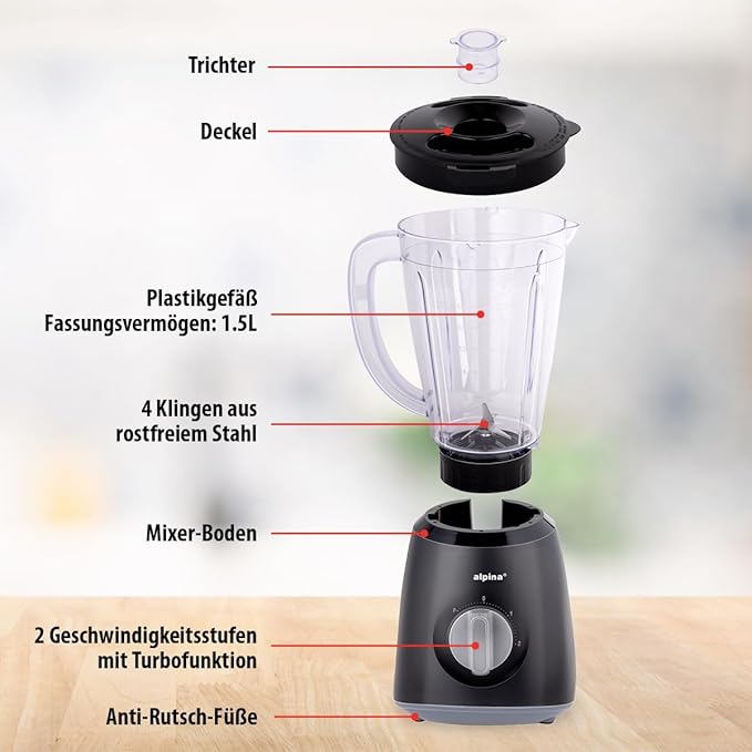 alpina Blender 1.5L Liquidifier 400 W Blender Jug with Turbo Function Plastic Blender Stainless Steel Blades Black