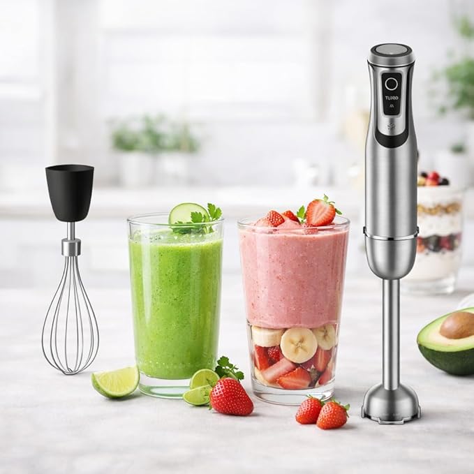Megawise HB-2080 1000W 5-in-1 Immersion Hand Blender Powerful Stick Blender with Variable Speed &amp Turbo Stainless Steel Shaft &amp Blades Includes Whisk Frother Chopper Bowl &amp Beaker