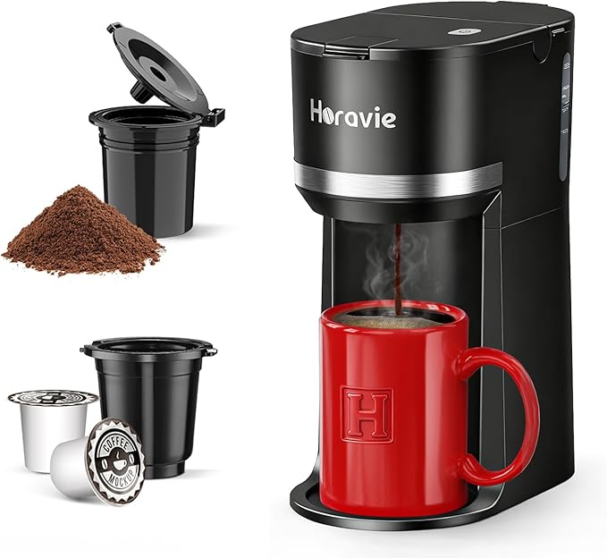 Mini Single Serve Coffee Maker for K Cup and Ground Coffee Fast Brew One Cup Coffee Machine with Descaling Reminder and Water Window 6 to 12 oz. Brew Sizes Black
