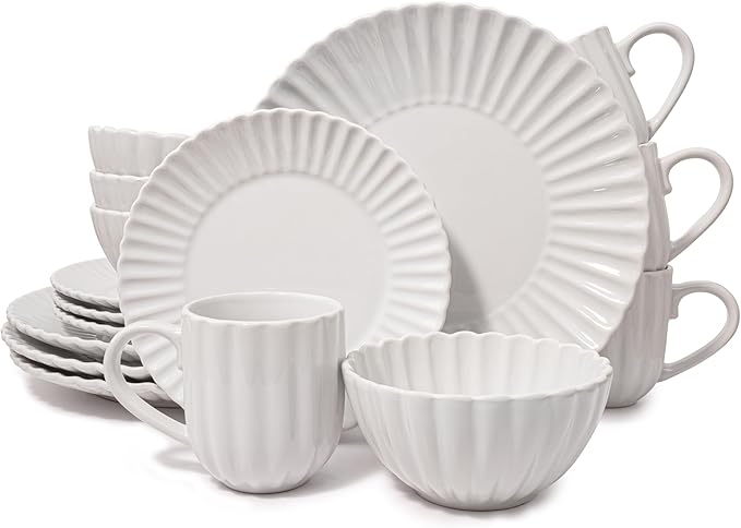 16 Piece Dinnerware Set Aruba (White Sand Dollar) Plates Bowls and Mugs Set for 4
