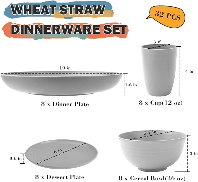 Wheat Straw Dinnerware Sets Plates and Bowls Sets 32 PCS Dinnerware Sets Service for 8 Unbreakable Reusable Plates Set Outdoor Kitchen and Apartment Dinning Essentials - Gray