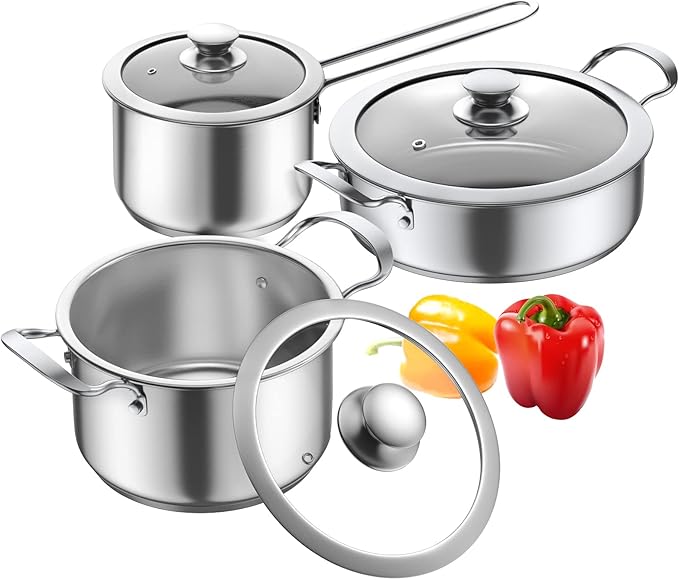Aufranc Stainless Steel pots and pans set 6 Piece Nonstick Kitchen Induction Cookware SetWorks with Induction/Electric and Gas Cooktops Nonstick Dishwasher