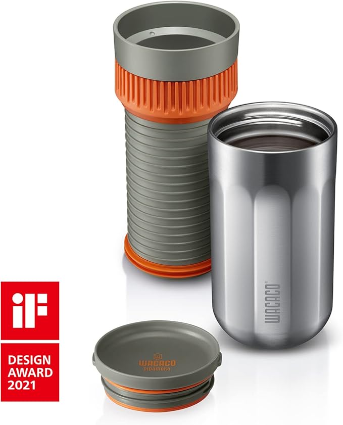 WACACO Pipamoka Portable Coffee Maker Coffee brewer All-in-one Vacuum PressuredInsulated Travel Mug Hand Powered and Filter Pressure Brewer Stainless Steel Thermo Cup 10 fl oz
