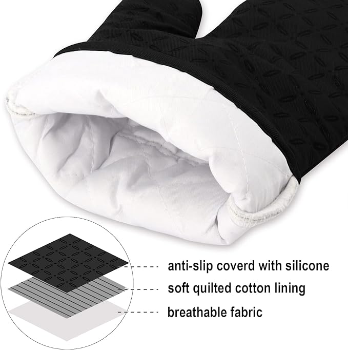 KEGOUU Oven Mitts and Pot Holders 6pcs Set Kitchen Oven Glove High Heat Resistant 500 Degree Extra Long Oven Mitts and Potholder with Non-Slip Silicone Surface for Cooking (Black)