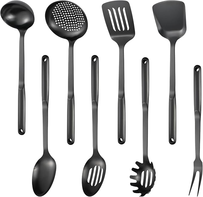304 Stainless Steel Cooking Utensils Set 8PCS Kitchen Utensils Set Include Skimmer Soup Ladle Spaghetti Server Wok Spatula Slotted Spoon Solid Spoon Slotted Spatula Turner &amp Meat Fork Bla