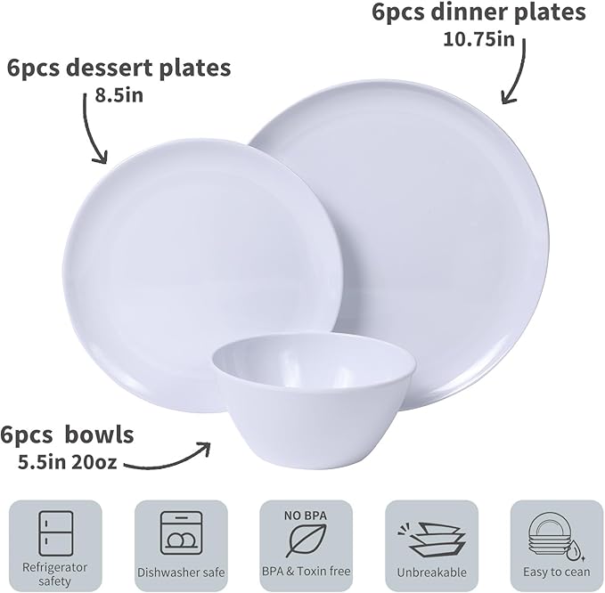 Melamine Dinnerware Sets18-piece Melamine Plates and Bowls Set Unbreakable Dishes Set for 6 Dishwasher SafeIndoor and Outdoor UseLightweightWhite
