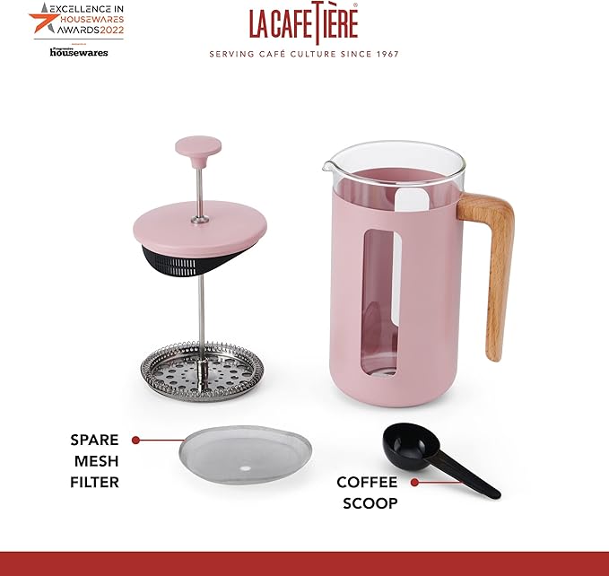 La Cafetière Pisa Cafetière 8-Cup/1L Heat-Resistant Borosilicate Glass and Stainless Steel with Easy-Grip Plunger Large French Press Coffee Maker for Loose Tea and Ground Coffee Pink