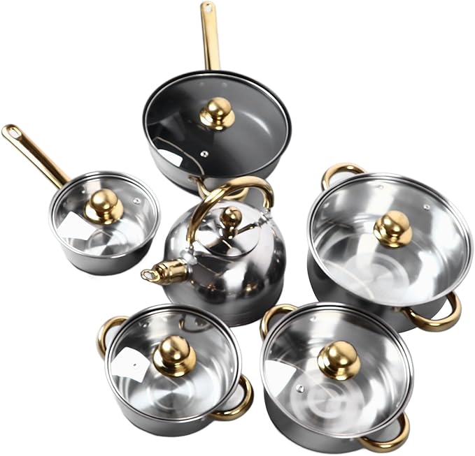 12Pcs Stainless Steel Kitchen Pots Golden Handle Smoothing Sturdy Easy to Cookware Set for Home Cooking