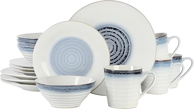 Spiral Embossed 16 Piece Stoneware Dinnerware Set – Rustic Reactive Glaze Plates Bowls &amp Mugs Microwave &amp Dishwasher Safe (Blue)