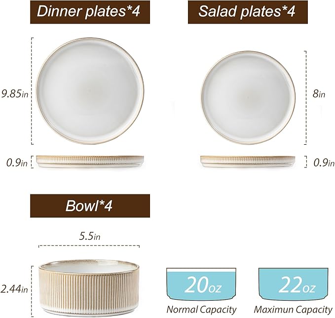 Ceramic Dinnerware Sets for 4-12 Piese Plates and Bowls Set Microwave and Dishwasher Safe Stoneware Ribbed Dishes and 22oz bowls Beige