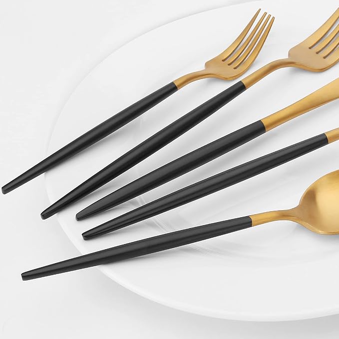 Matte Gold Silverware Set with black handle Vanys 30 Piece Stainless Steel Cutlery Flatware Set Kitchen Utensil Sets for 6 Tableware With Knife Spoons And Forks Set Satin Finished Polished