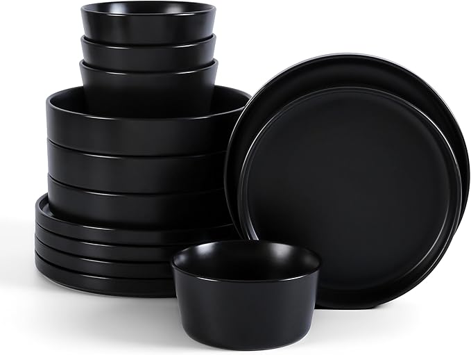 Stone Lain Celina Stoneware 12-Piece Dinnerware Set Cereal and Pasta Bowls Black Coupe