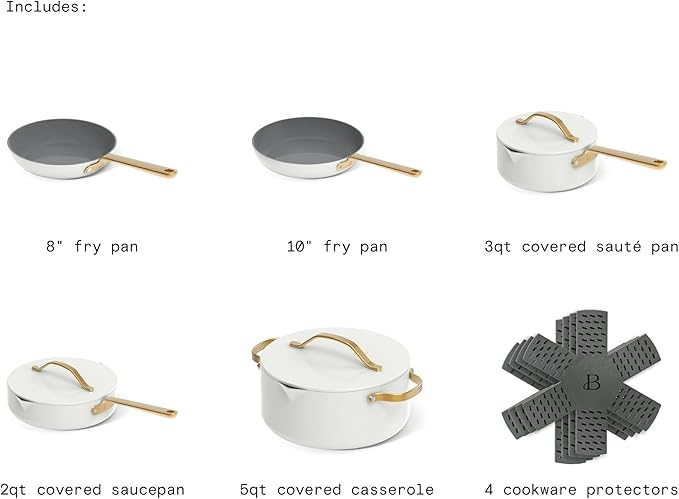 12-Piece Ceramic Non-Stick Cookware Set | Pots &amp Pans with Lids | PFOA-Free Ceramic Coating | Induction Compatible &amp Oven Safe | Gold Handles | Includes Protectors