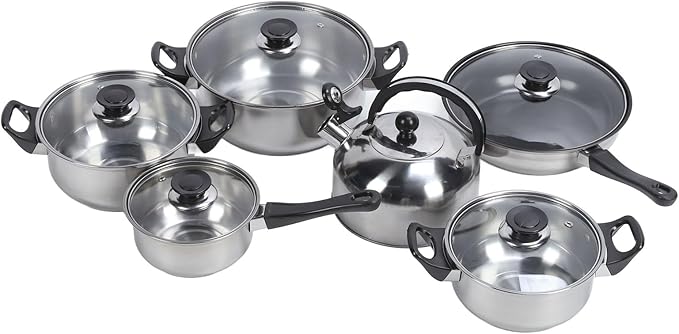 less Steel Cookware Set Non Stick Pots and Pans Set with Heat Handles for Kitchen Cooking Includes Saucepan Stock Pot Frying Pan Tea Kettle