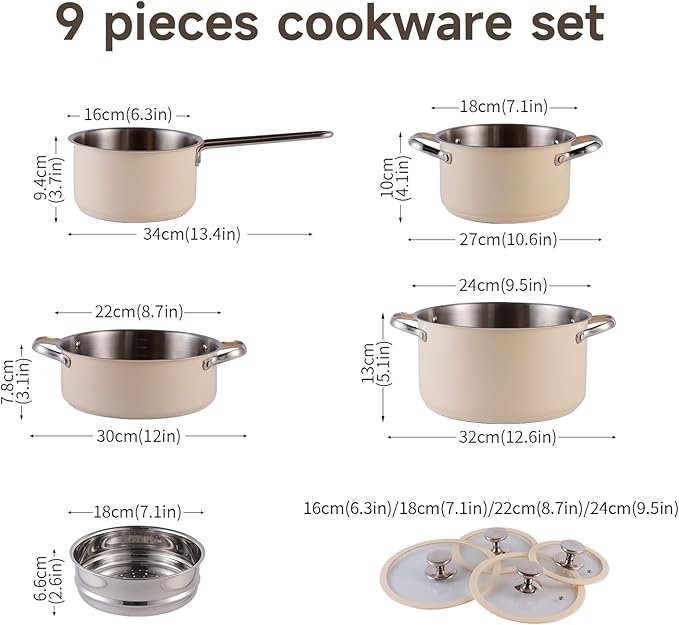 304 9pcs Stainless Steel Cookware Set Nonstick Kitchen Cookware SetBeige High Temperature Ceramic Paint Including 1 Milk Pot 3 Different Sizes Of Stockpot 1 Steam Tray For All Stoves
