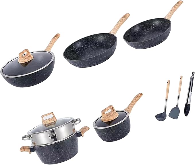 10 Piece Nonstick Cookware Set Frying Pan Saucepan Saute Pan Steam Rack Sturdy Scratch Resistant Coating Even Heat Distribution Modern Design for Home Cooks (Black)