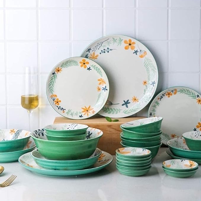 Elegant Dinnerware Set Dinner Plates Bowls Set Luxurious Reactive Glaze Dinnerware Set Plates Dishes Bowls Gift Idea for Any Occasion (Color : 26 Piece Set) (7 Piece Set)