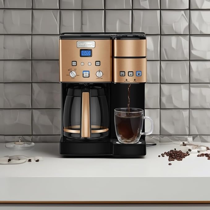 Cuisinart Single Serve + 12 Cup Coffee Maker Offers 3-Sizes: 6-Ounces 8-Ounces and 10-Ounces Stainless Steel SS-15CP Copper
