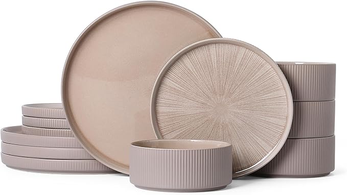 Dinnerware Sets for 4 Ceramic Plates and Bowls Set 12 Piece Dinnerware Chip Resistant Stoneware Dishwasher and Microwave Safe-Brown