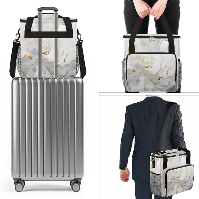 Gray White Marble Style Coffee Maker Carrying Bag Compatible with K-Mini or K-Mini Plus Portable Single Cup Coffee Maker Case with Pockets for K Cup Pods