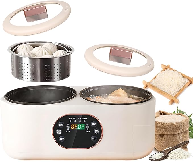 Double Spelling Low Sugar Rice Cooker 1.8L+1.8l Double Slow Cooker Timer and Keep Warm Function for Cooking Porridge