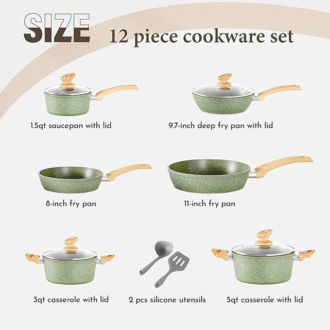 12 Pieces Kitchen Pots &amp Pans Set Nonstick Cookware Set Granite Coated Green