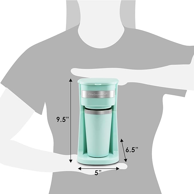 Elite Gourmet EHC113M Personal Single-Serve Compact Coffee Maker Brewer Includes 14Oz. Stainless Steel Interior Thermal Travel Mug Compatible with Coffee Grounds Reusable Filter Mint