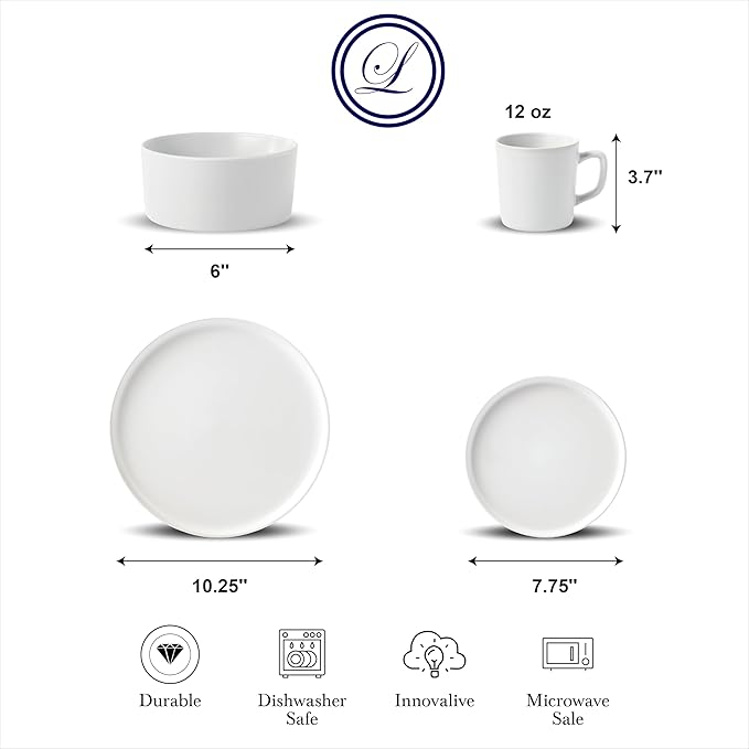 Lorren Home Trends White Stoneware Dinnerware Set 16 Piece Service for 4 Microwave and Dishwasher Safe