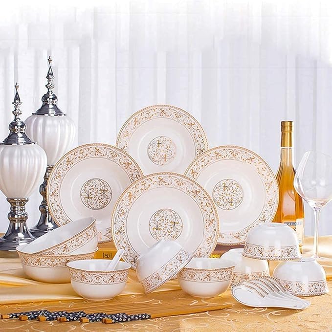 Porcelain Dinnerware Sets Plates and Bowls Sets Decorative Gold Floral Dinnerware Porcelain Plates and Bowls Sets Unique Dish Set for Ever