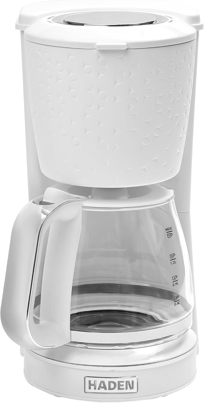 HADEN Starbeck Coffee Machine 10 Cup Automatic Drip Coffee Maker with Anti-Drip Function and Reusable Washable Water Filter White &amp Chrome