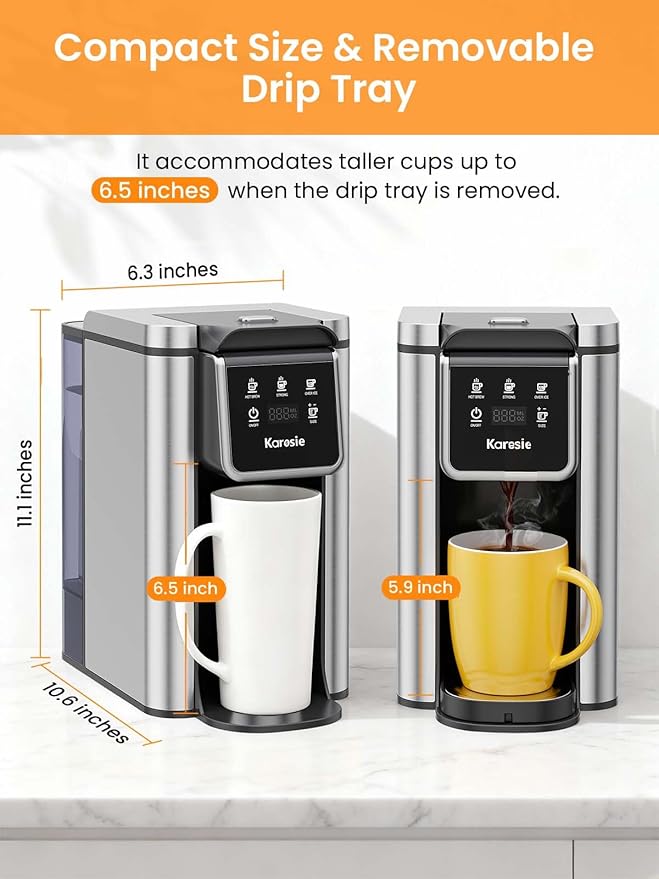 K Cup Coffee Maker Hot &amp Iced Coffee Maker for K Cup and Grounds 6-14 Oz Brew Sizes 50oz Removable Tank Single Cup Coffee Maker with Descaling Reminder Stainless Steel Black