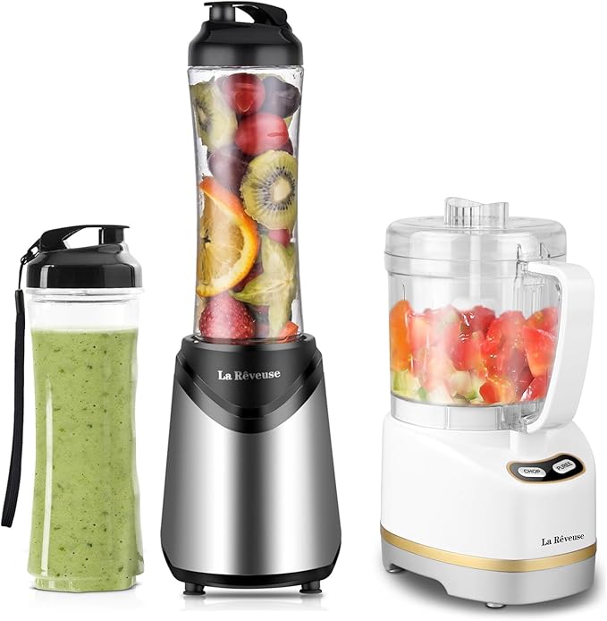 La Reveuse 300W Personal Size Blender (Silver) + La Reveuse 2-Cup Mini Food Chopper (White)