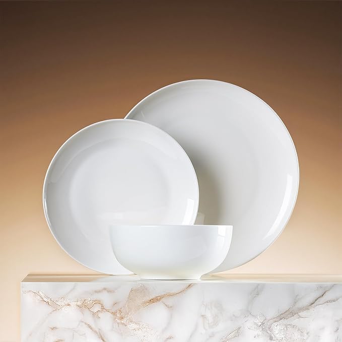 KINGSTONE 12-Piece Bone China Dinnerware Set for 4 Lightweight and Durable Microwave and Dishwasher Safe White Plates and Bowls for Everyday Use