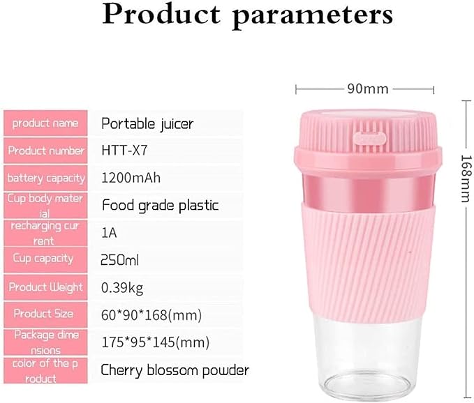 Portable Blender Cordless Personal Blender Juicer Mini Mixer Smoothies Maker Fruit Blender Cup with USB Rechargeable 250ml for Home Office Sports Travel Outdoors