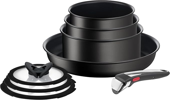 Tefal Ingenio Unlimited ON Pots &amp Pans Set 8 Pieces Stackable Removable Handle Space Saving Non-Stick Induction Black L3959053