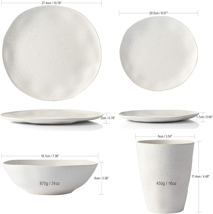 Morgiana Bamboo Dinnerware Set 8-Pieces Reusable Tableware Set Eco-Friendly Bamboo Fiber Plates Cups Bowls for 2 Person (White)